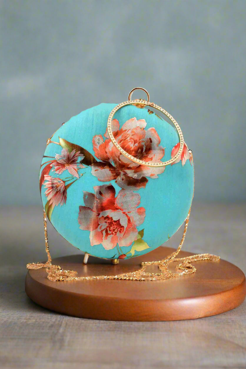 Turquoise Blue Floral Foil Print Circular Clutch