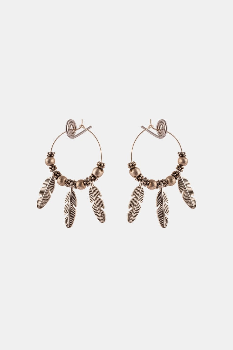 Oxidised Silver Hoop Earrings With Metal Feathers