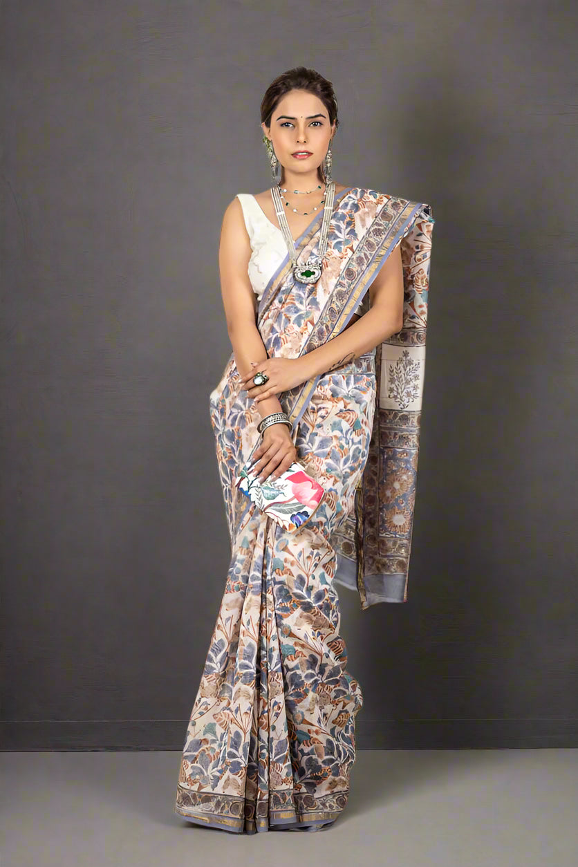 Off-White With Multicolor Print Saree