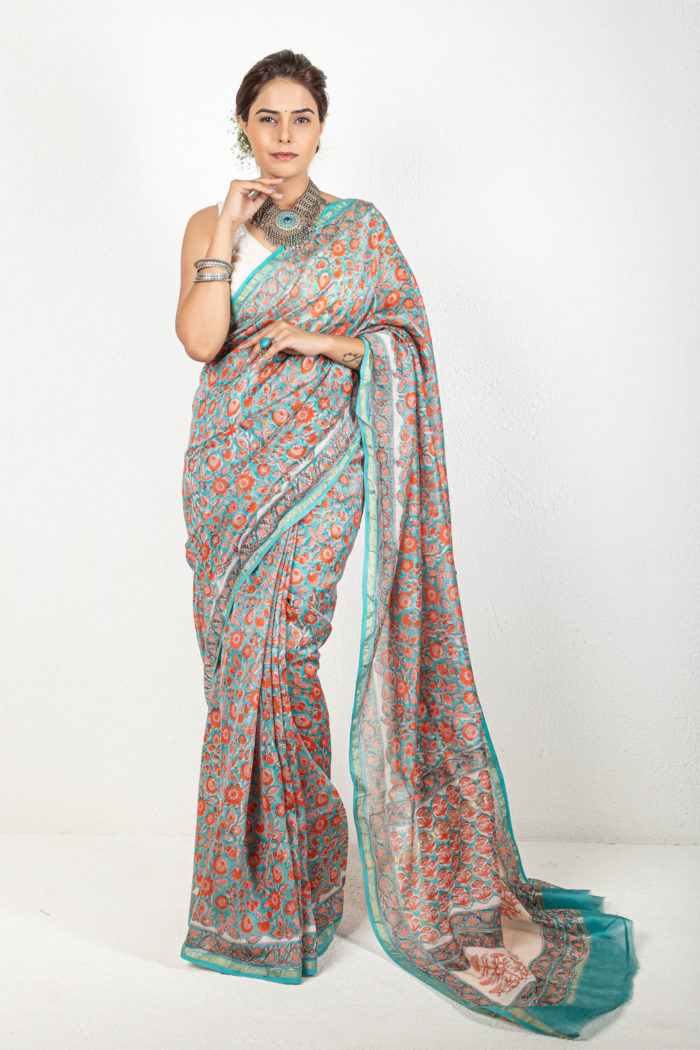 Orange And Aqua Chanderi Saree (Hand Block Printed)