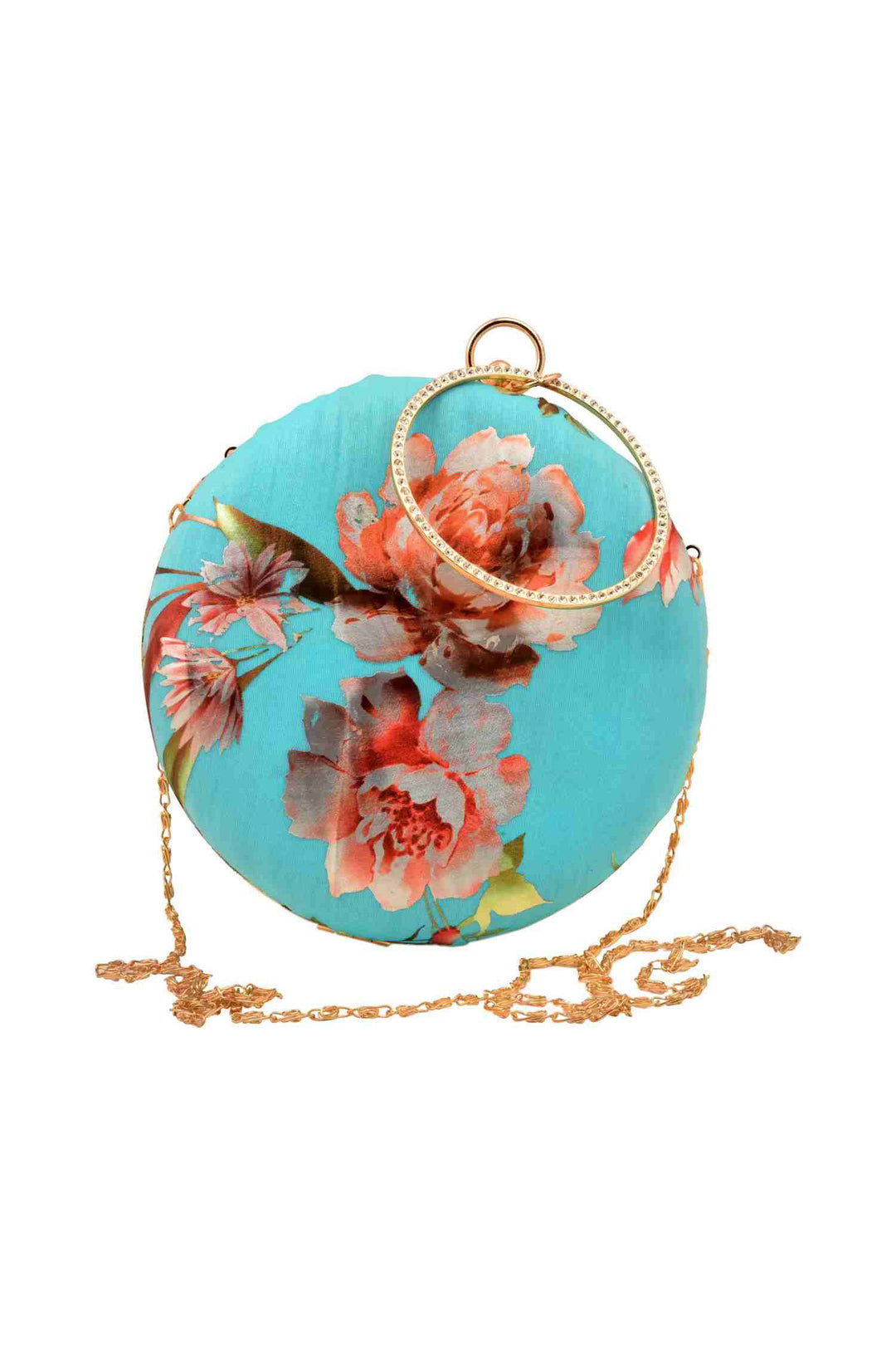 Turquoise Blue Floral Foil Print Circular Clutch