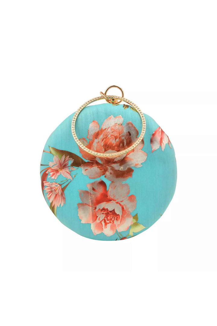 Turquoise Blue Floral Foil Print Circular Clutch