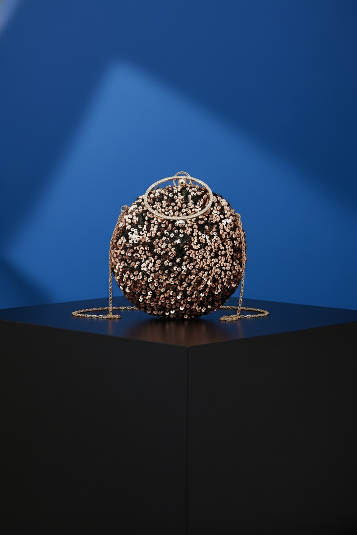 Black and Rose Gold Sequins Circular Clutch