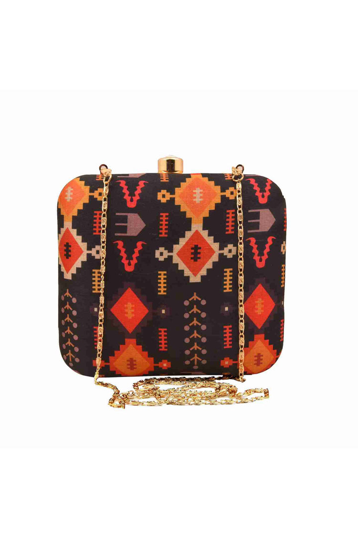 Black Ikat Print Silk Clutch