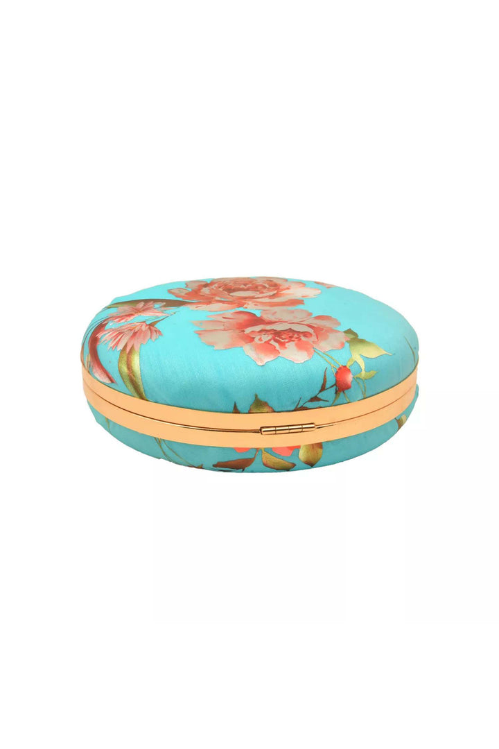 Turquoise Blue Floral Foil Print Circular Clutch