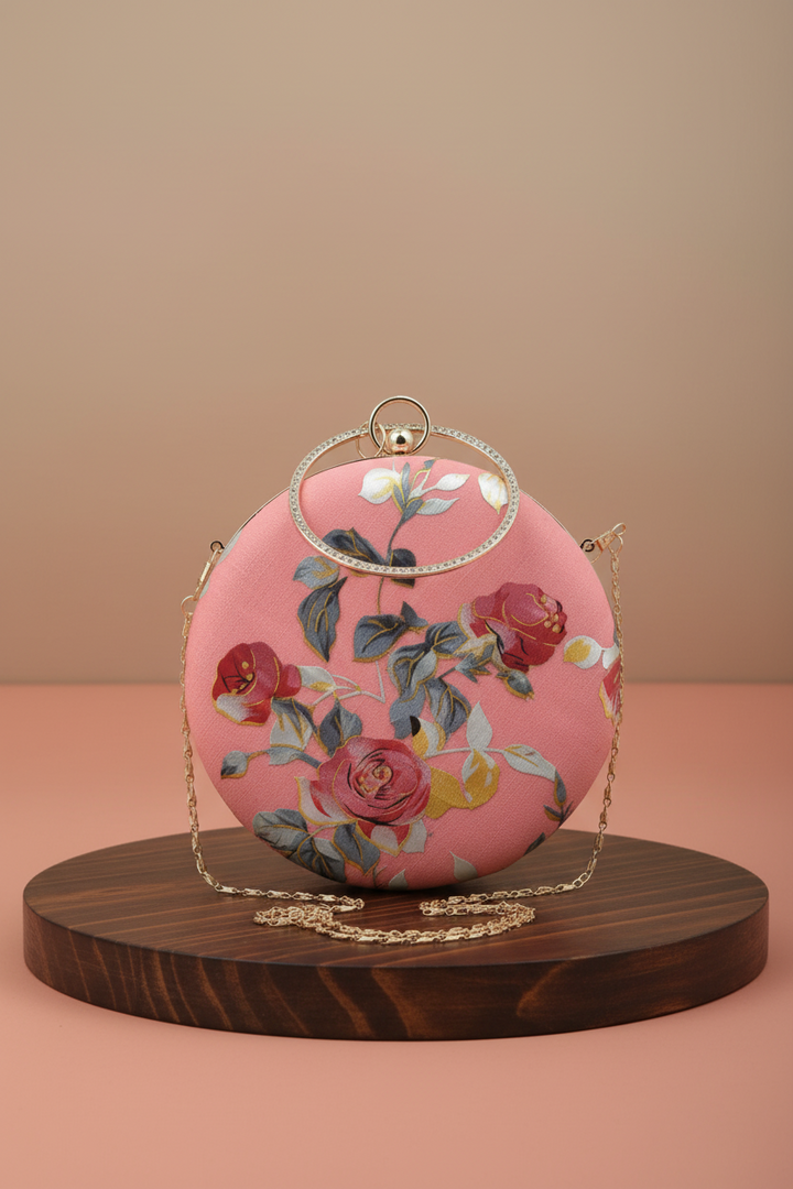 Bubblegum Pink Floral Foil Print Circular Clutch