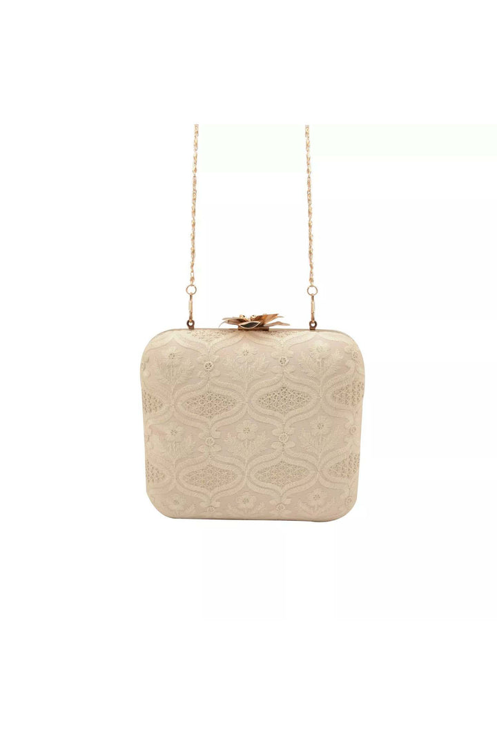 Off White and Silver Thread work Silk Clutch