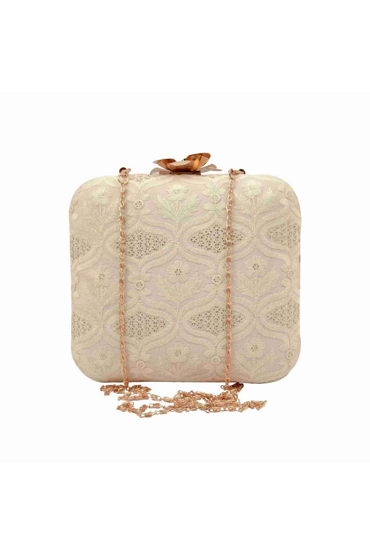 Off White and Silver Thread work Silk Clutch