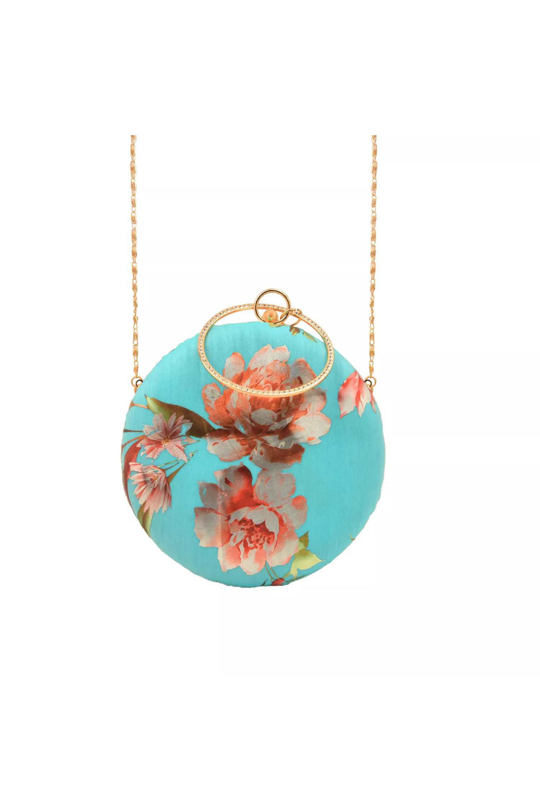 Turquoise Blue Floral Foil Print Circular Clutch