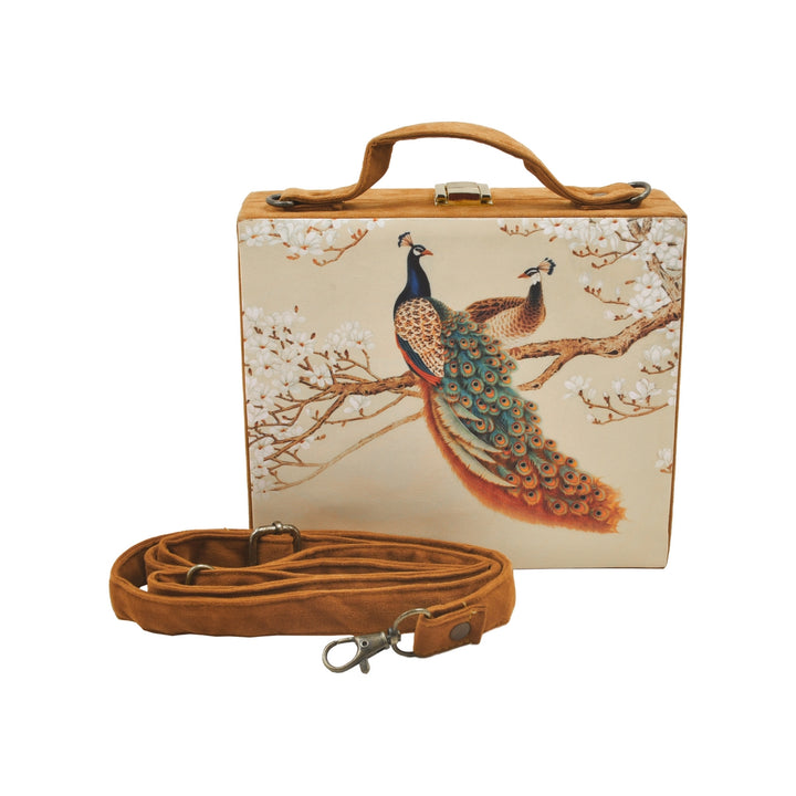 Cream Digital Peacock Print Suitcase Clutch