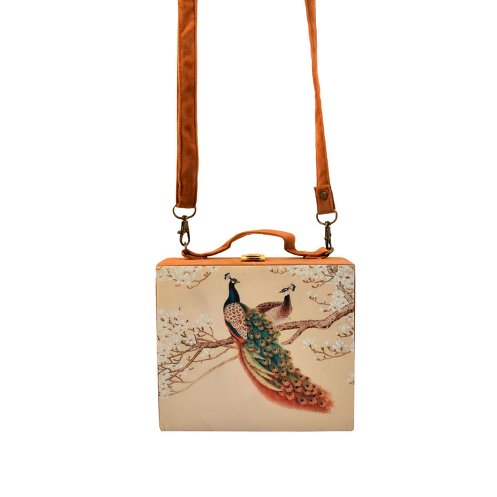 Cream Digital Peacock Print Suitcase Clutch