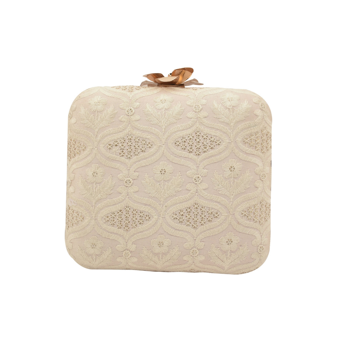Off White and Silver Silk Clutch