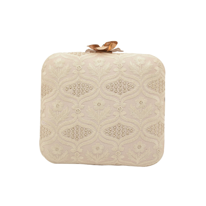 Off White and Silver Silk Clutch