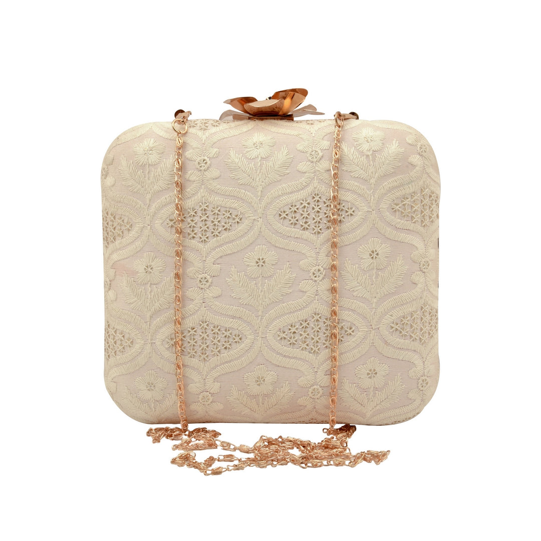 Off White and Silver Silk Clutch