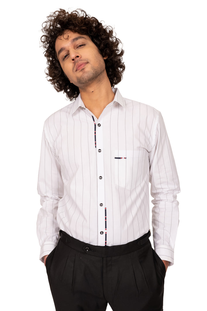 WHITE AND BLACK STRIPES COTTON SHIRT WITH CONTRAST DETAILING