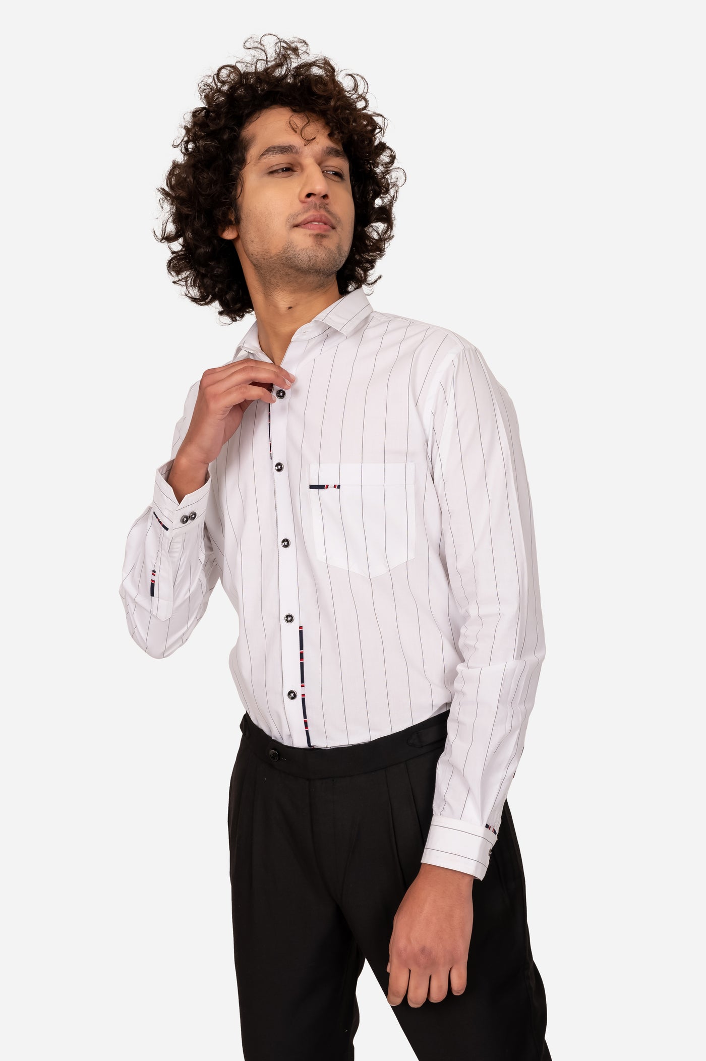 WHITE AND BLACK STRIPES COTTON SHIRT WITH CONTRAST DETAILING