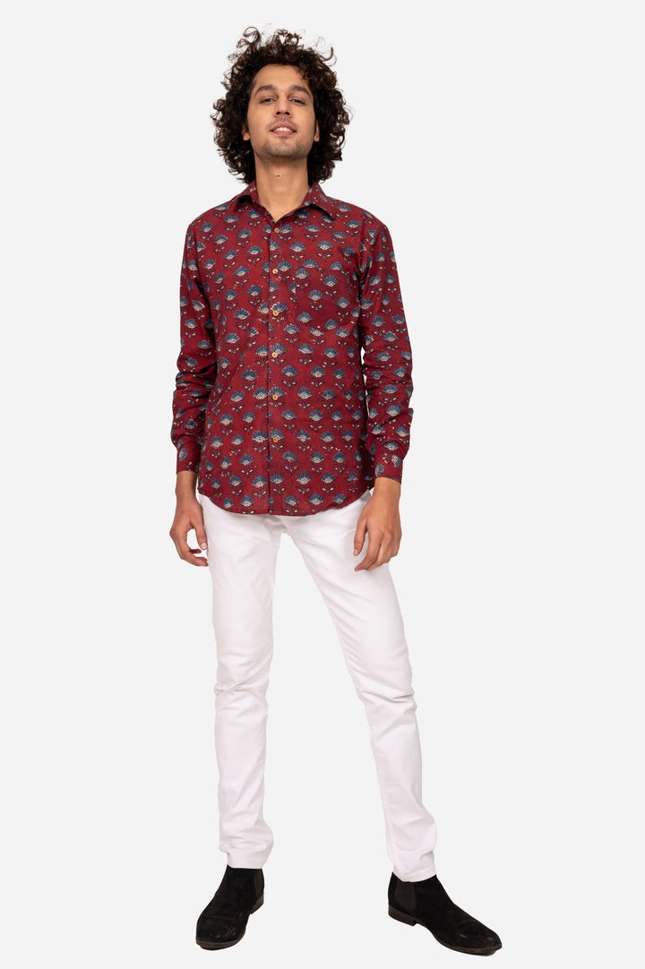 MAROON AJRAKH BLOCK PRINTED COTTON SHIRT