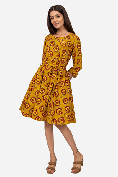 Mustard ajrakh flared dress