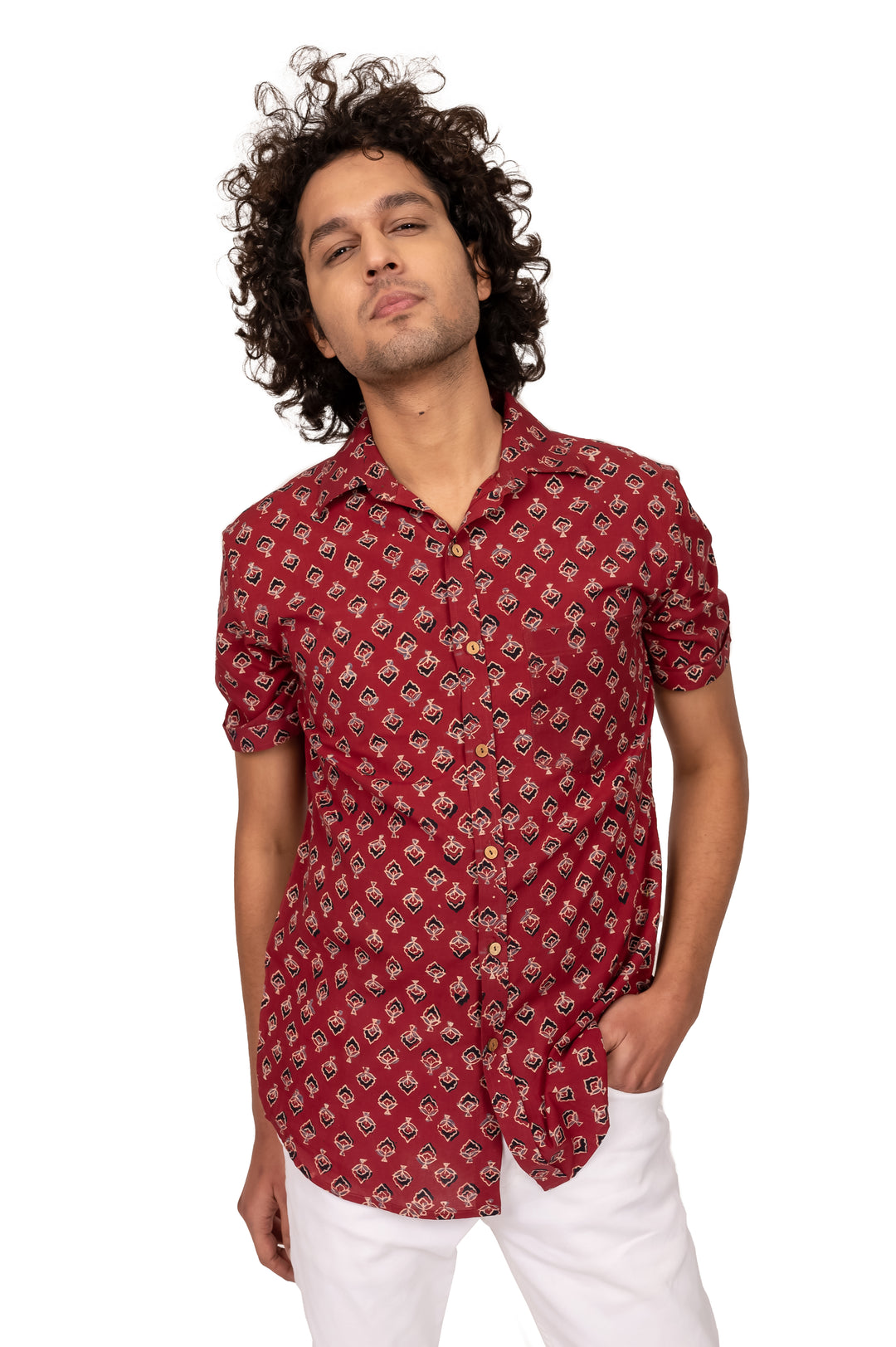 MAROON AJRAKH BLOCK PRINTED COTTON SHIRT