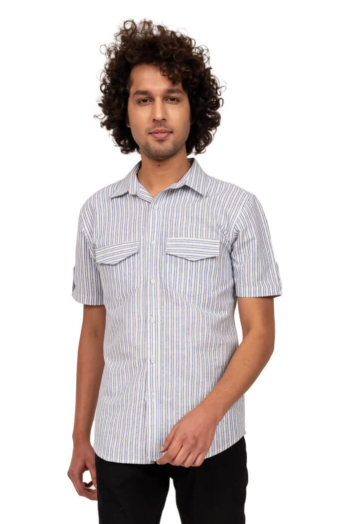 BLUE AND WHITE STRIPED COTTON HALF SLEEVE SHIRT