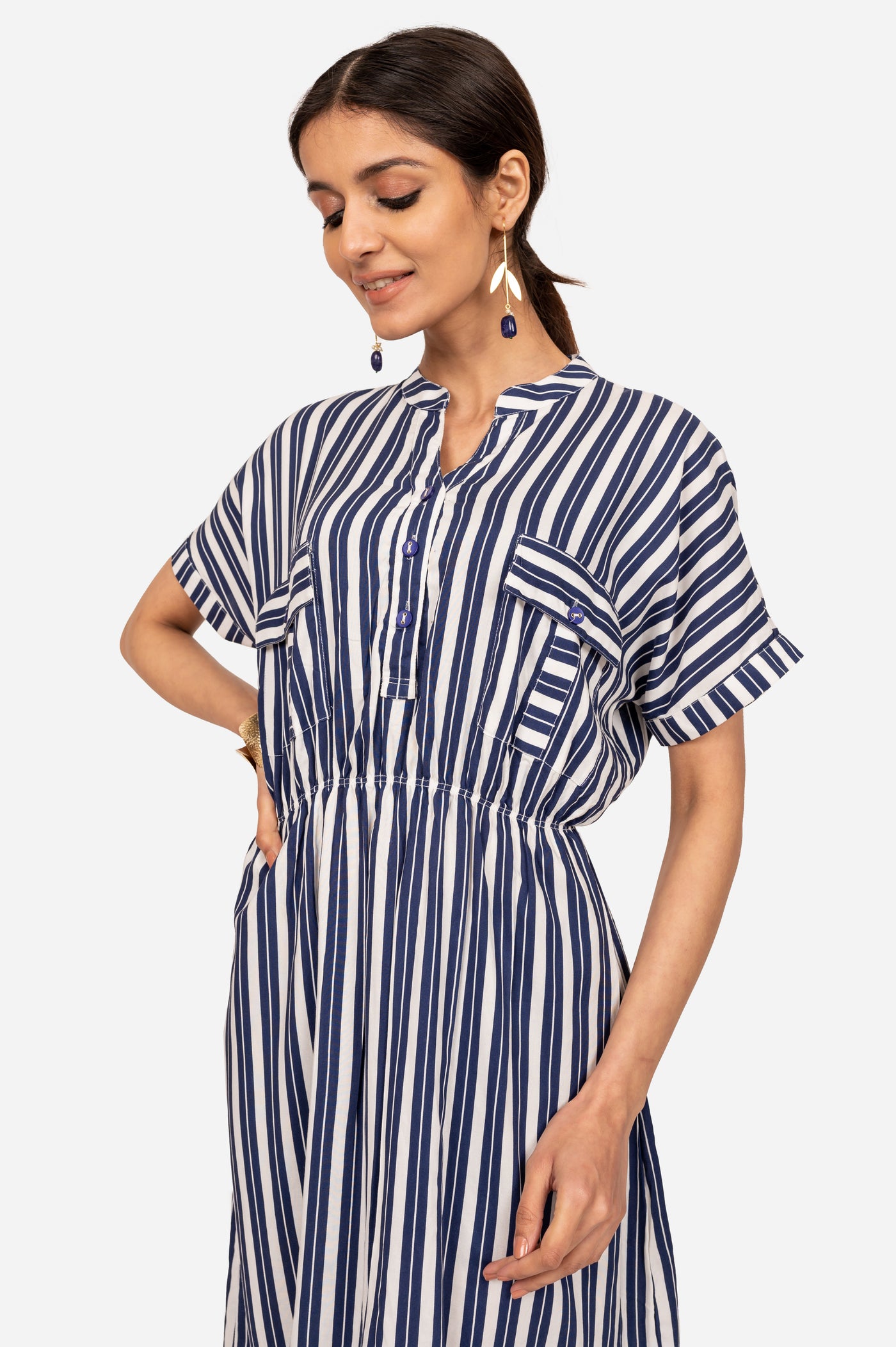White & Blue Striped Viscose Dress