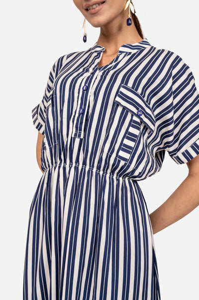 White & Blue Striped Viscose Dress
