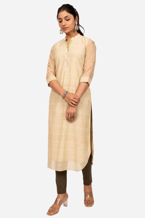 Beige & Lime Green chanderi Kurta