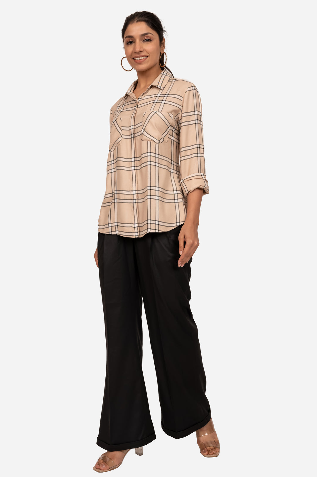 Beige & Black Checked Viscose Shirt