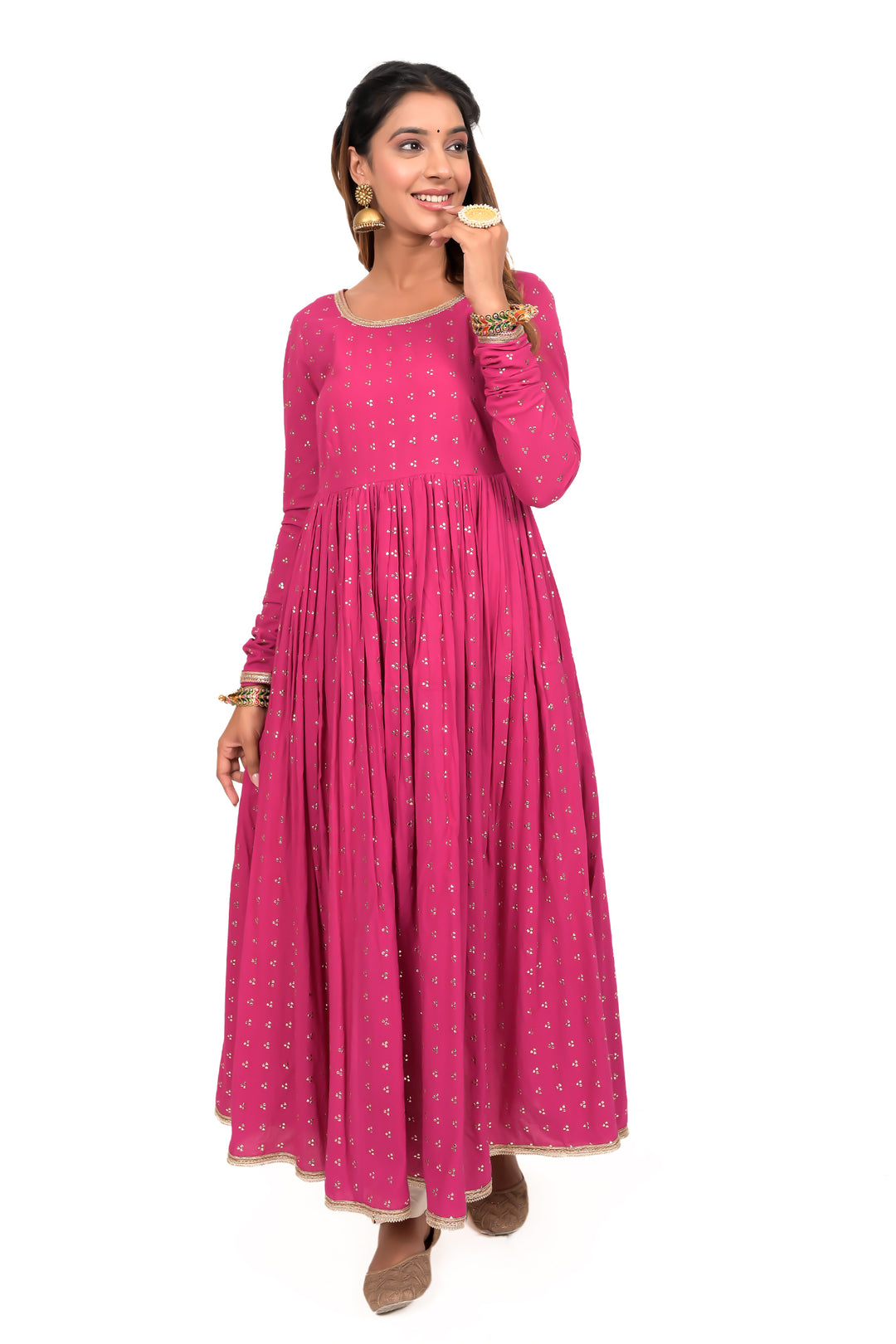 Rani Pink Foil Print Anarkali Cotton Kurta