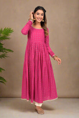 Rani Pink Foil Print Anarkali Cotton Kurta
