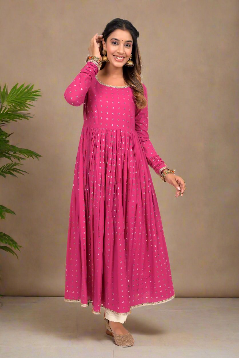 
                Rani Pink Foil Print Anarkali Cotton Kurta
              