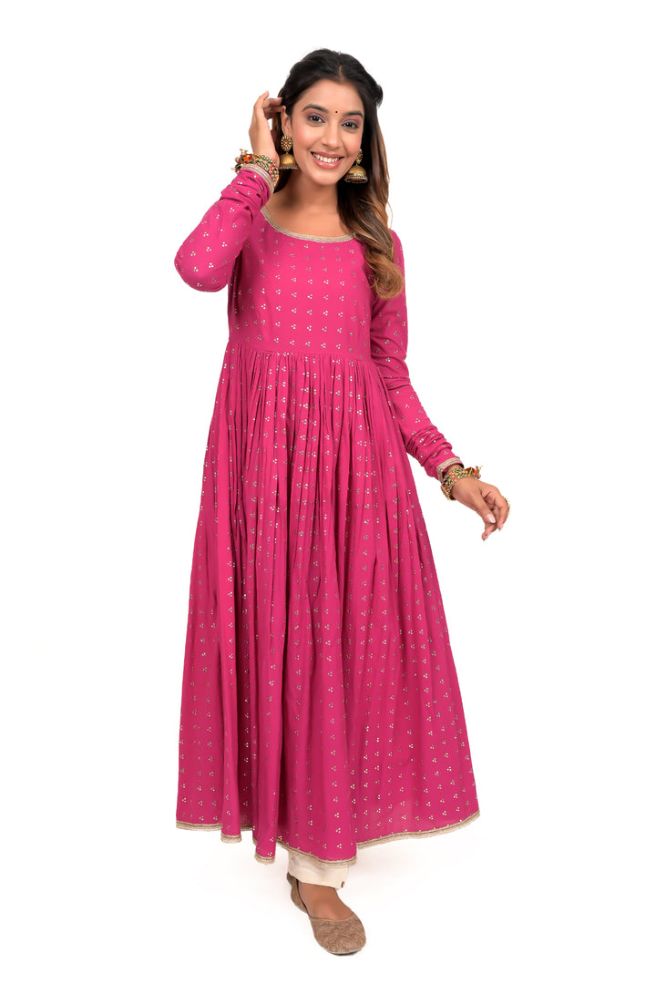 Rani Pink Foil Print Anarkali Cotton Kurta