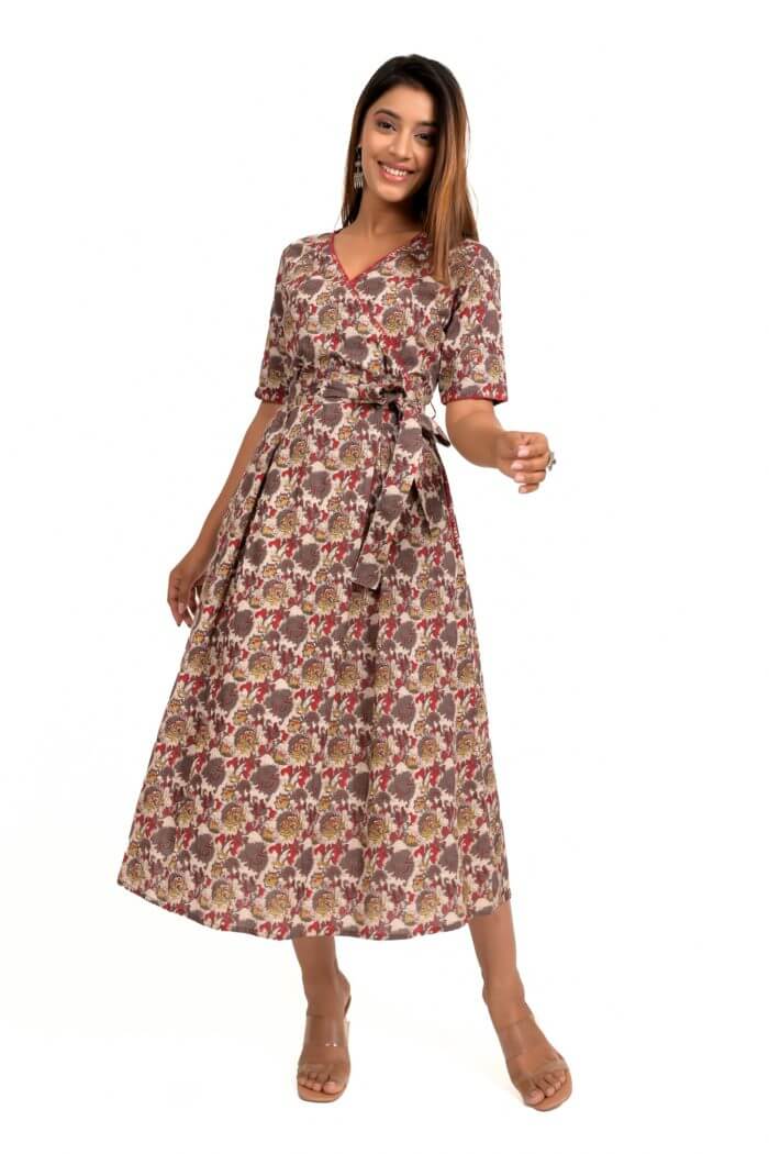 Maroon And Brown Ajrakh Printed Cotton Dress