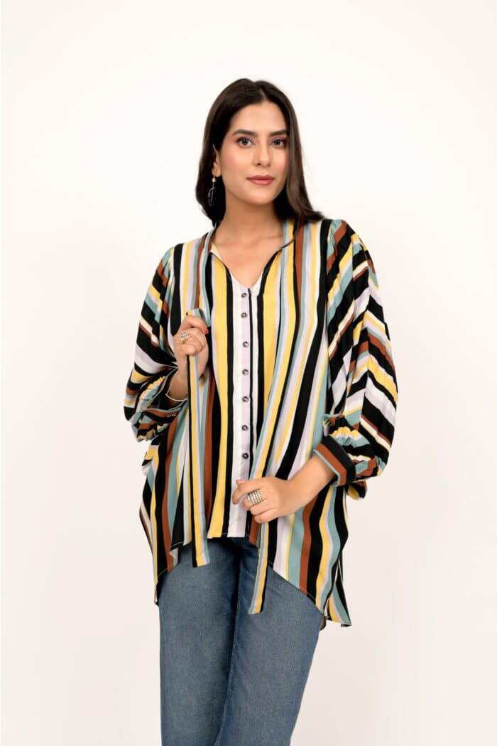 Black Multicoloured Striped High Low Antifit Top