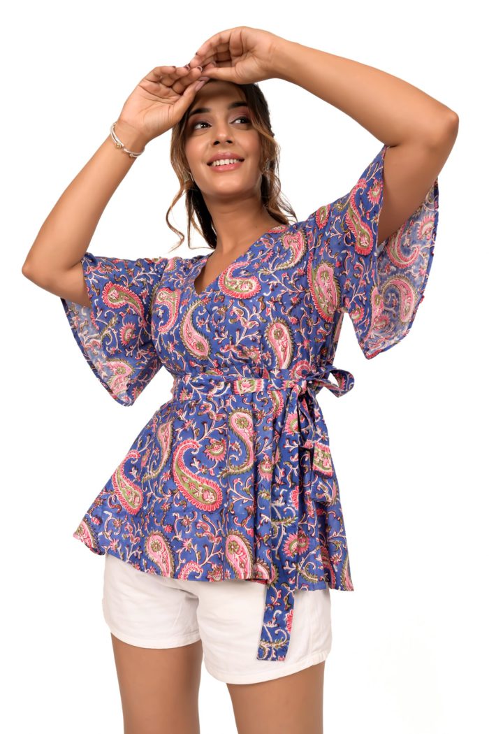 Blue Paisley Hand Block Printed Peplum Cotton Top