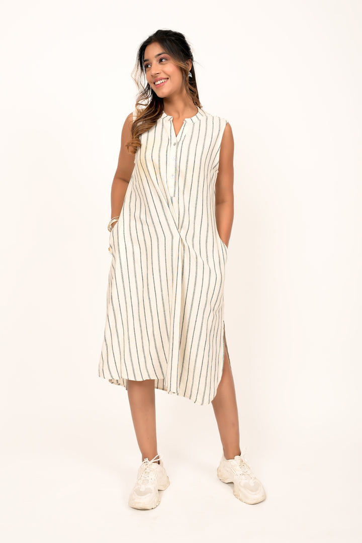 Off White Striped Linen Dress