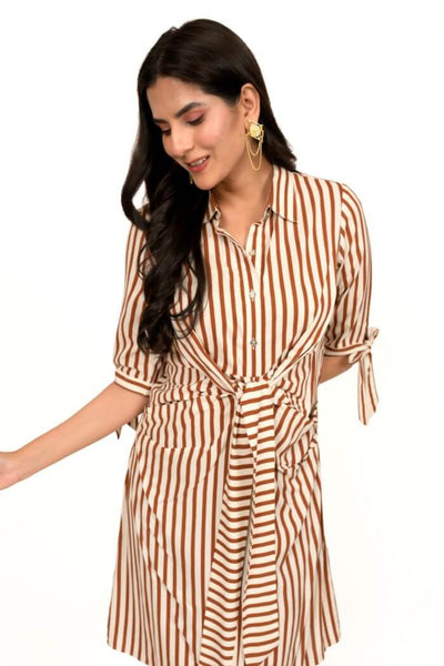 Brown And White Striped Pleated Short Dress