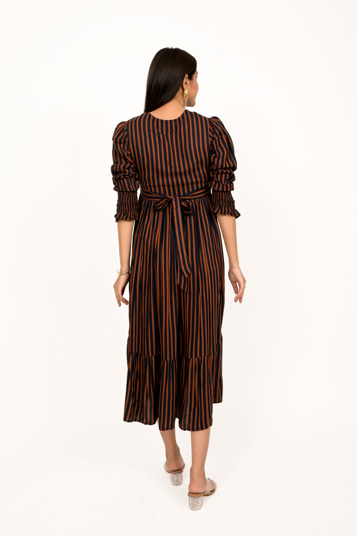 Coffee Brown And Navy Striped Calf Length Dress