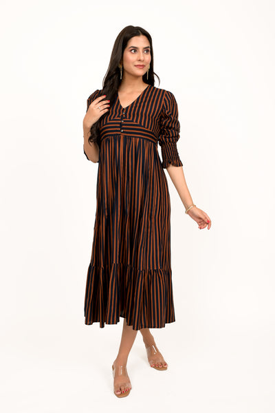 Coffee Brown And Navy Striped Calf Length Dress