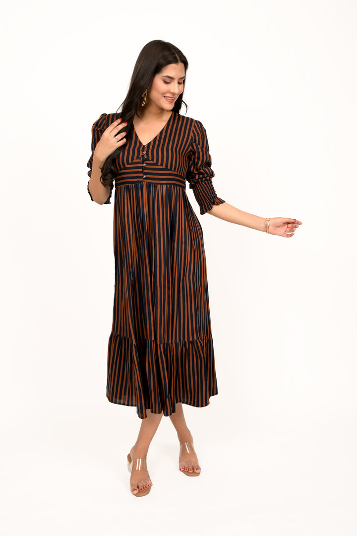 Coffee Brown And Navy Striped Calf Length Dress