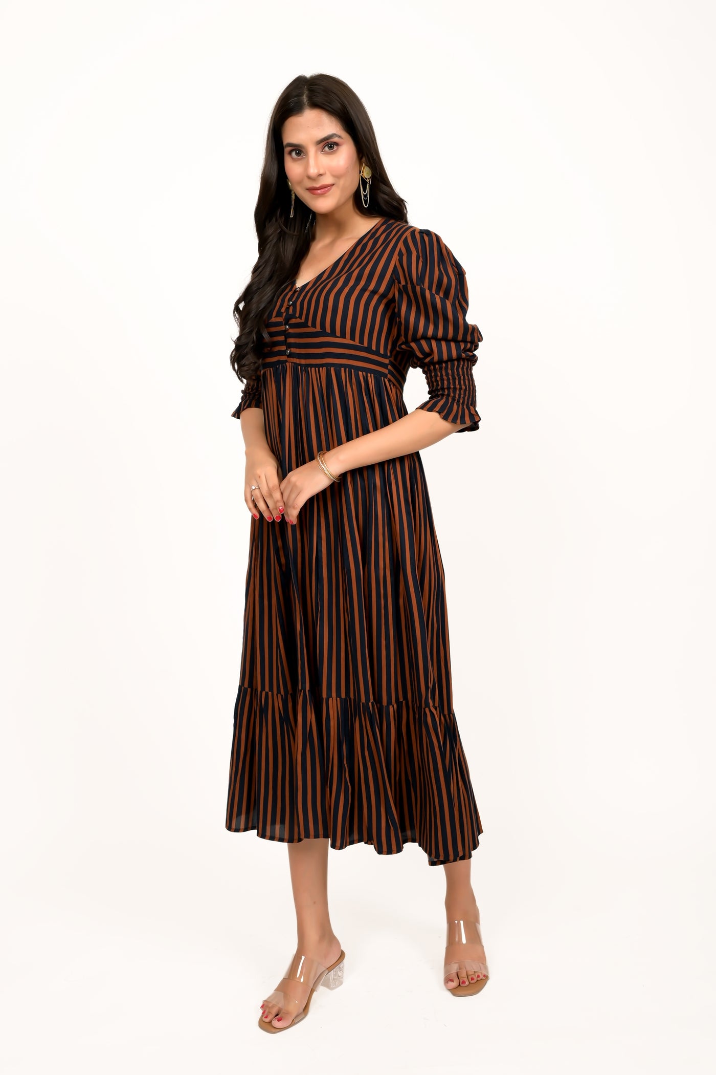 Coffee Brown And Navy Striped Calf Length Dress