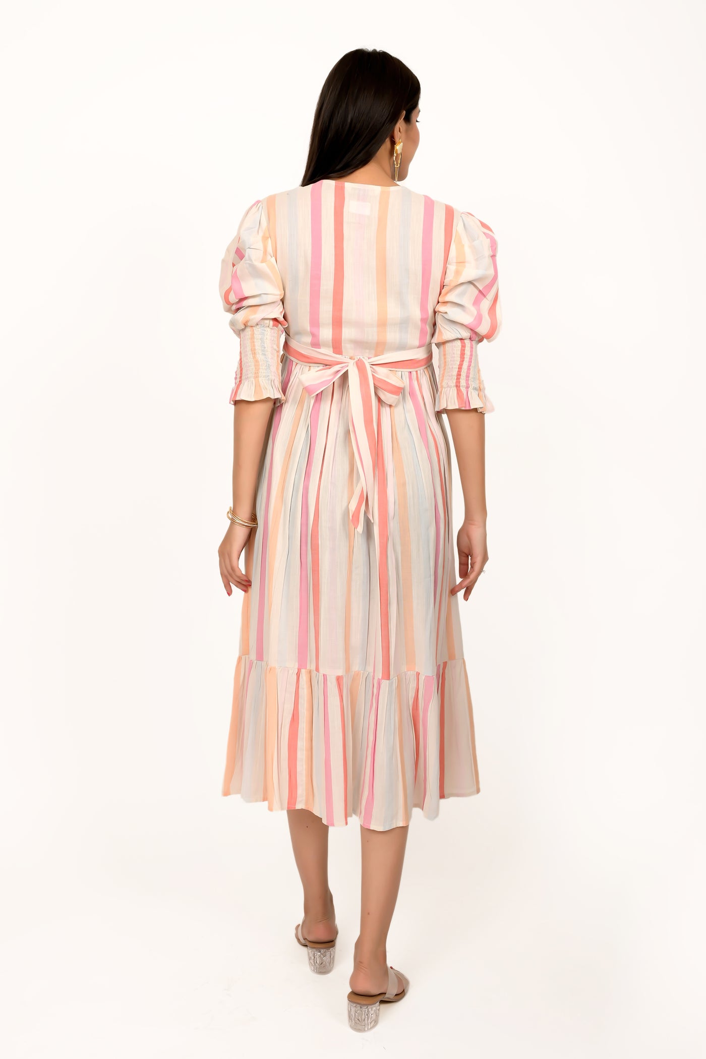 Pastel Multicoloured Striped Calf Length Dress