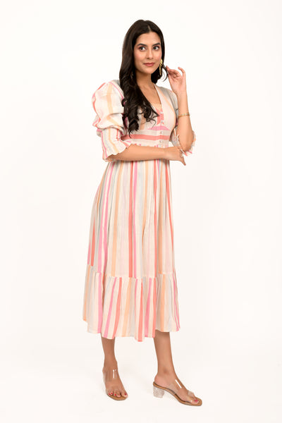 Pastel Multicoloured Striped Calf Length Dress
