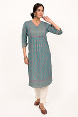 Teal Blue Printed Kurta for Women