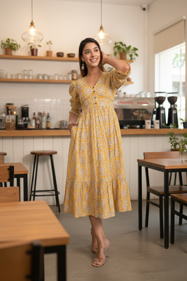 mustard-yellow-printed-tiered-long-dress