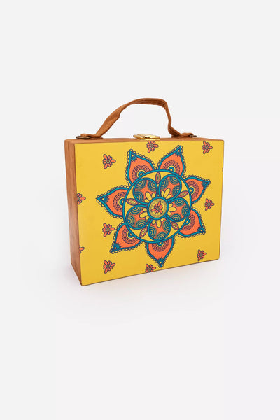 Brown, Yellow, Multicolored Print Suitcase Clutch