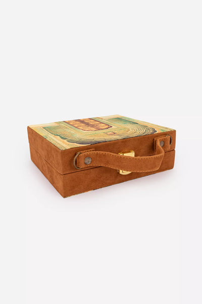 Multicolored Print Brown Suitcase Clutch