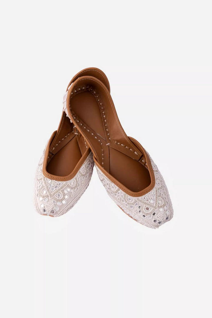 Taffeta White Juttis with Beads, Mirror & Cutdana Embroidery