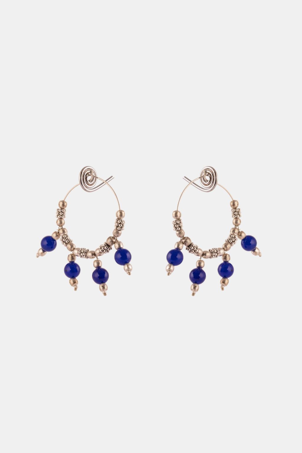 Blue Beads Silver Dangler Hoop Earrings