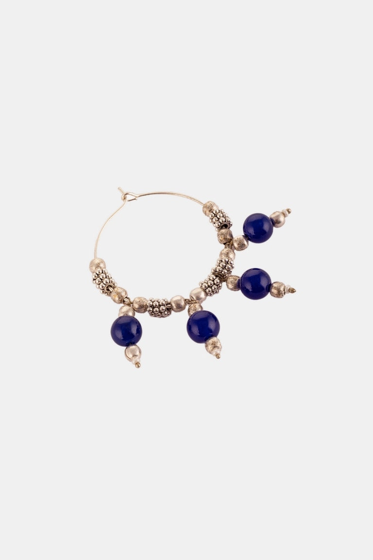 Blue Beads Silver Dangler Hoop Earrings